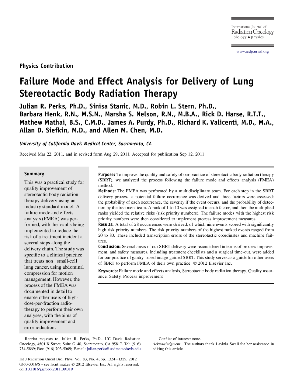 Failure Mode and Effect Analysis for Delivery of Lung Stereotactic Body Radiation Therapy