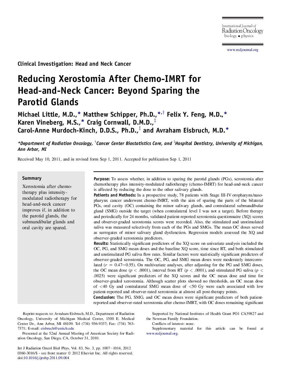 Reducing Xerostomia After Chemo-IMRT for Head-and-Neck Cancer: Beyond Sparing the Parotid Glands