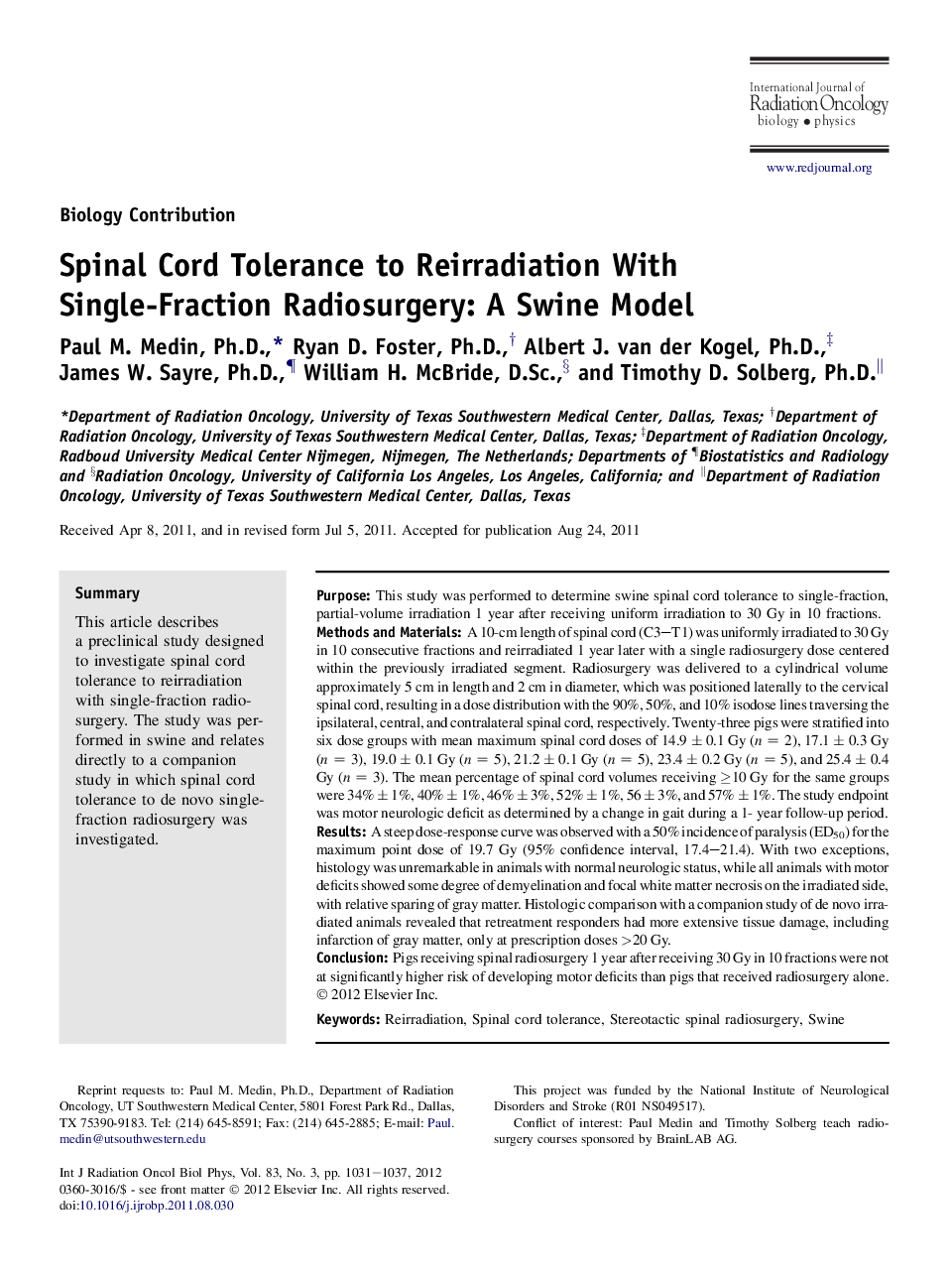 Spinal Cord Tolerance to Reirradiation With Single-Fraction Radiosurgery: A Swine Model