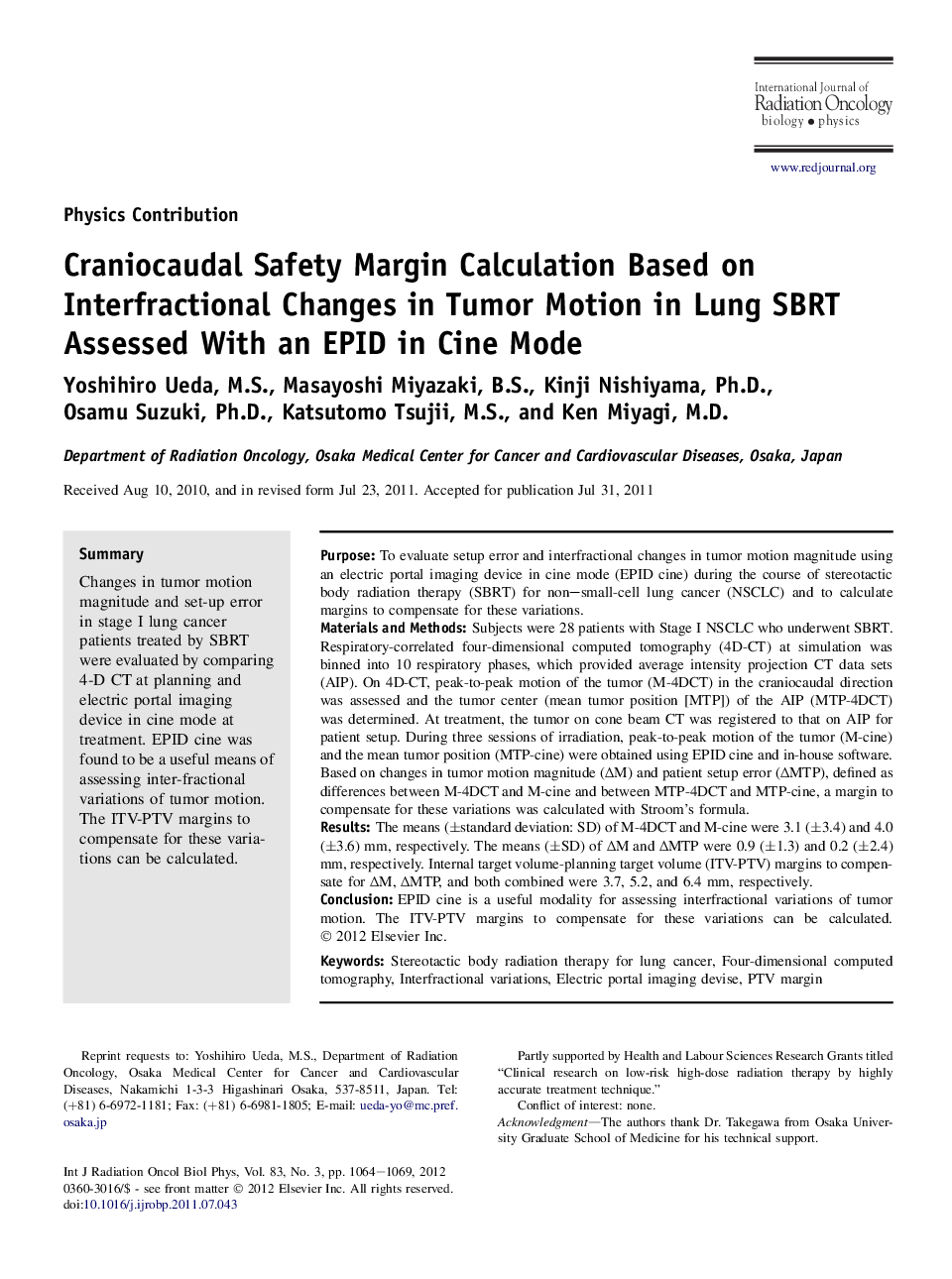 Craniocaudal Safety Margin Calculation Based on Interfractional Changes in Tumor Motion in Lung SBRT Assessed With an EPID in Cine Mode