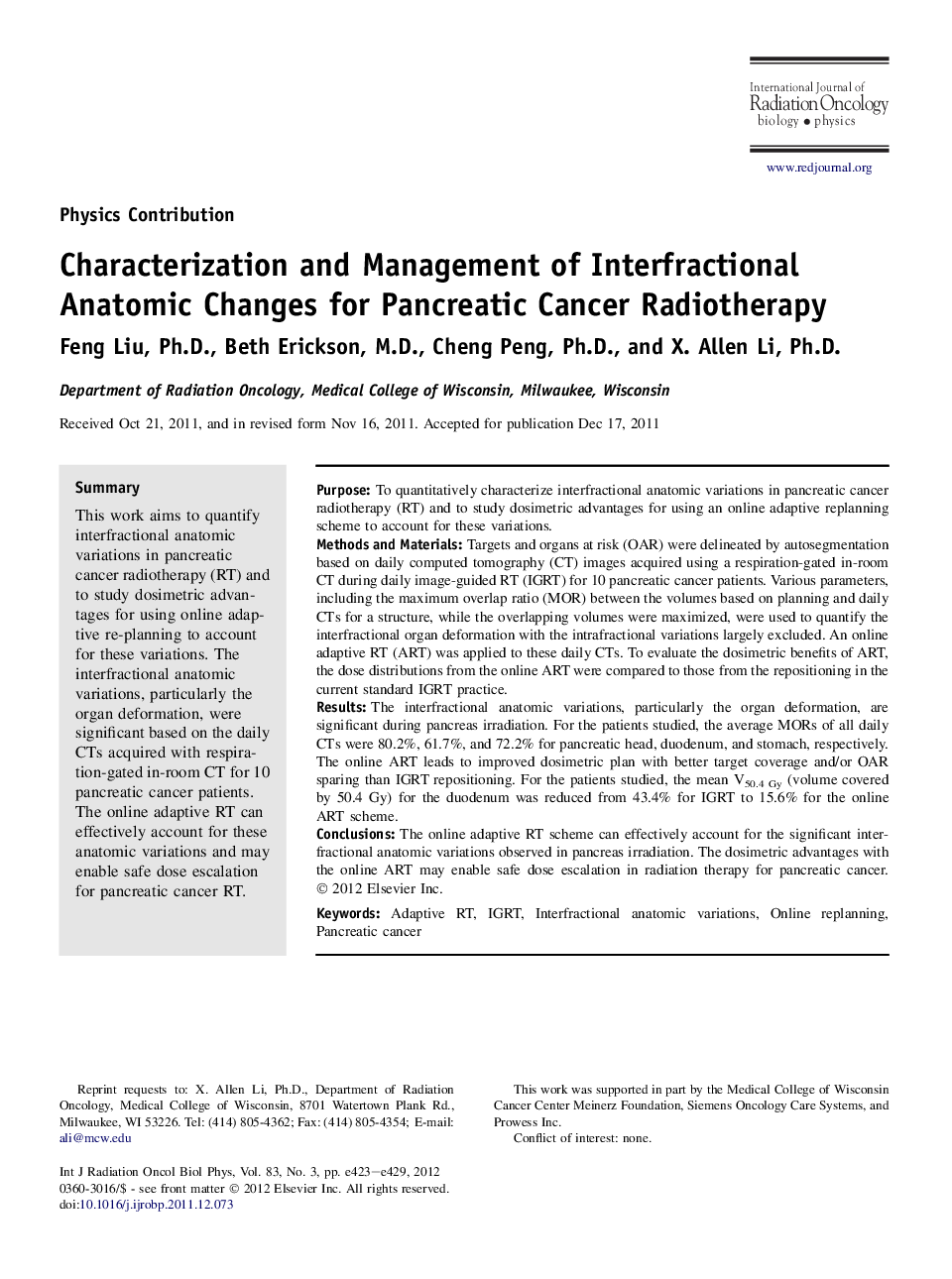 Characterization and Management of Interfractional Anatomic Changes for Pancreatic Cancer Radiotherapy