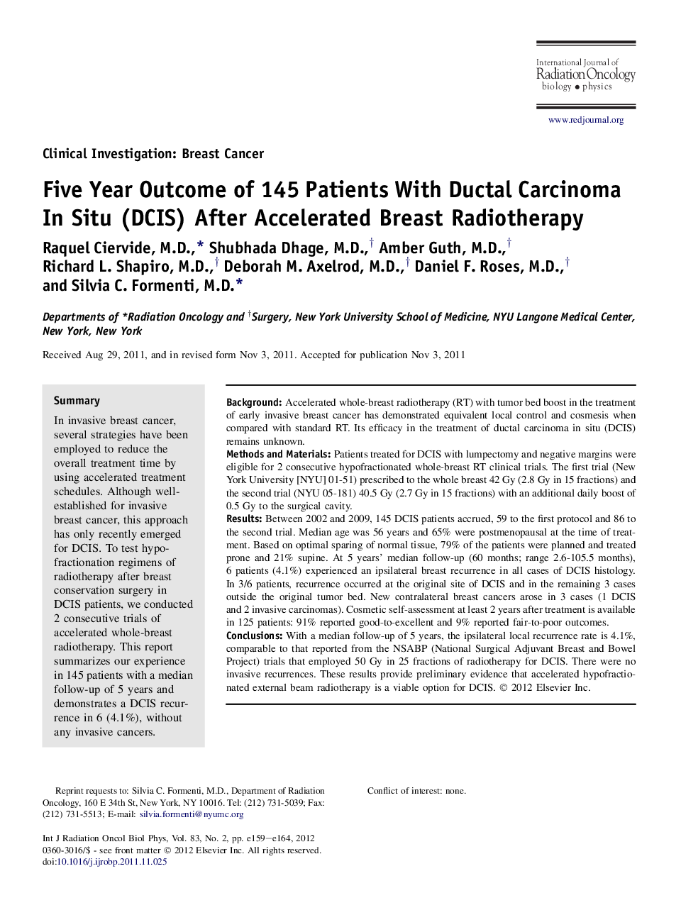 عکس صفحه اول مقاله: Five Year Outcome of 145 Patients With Ductal Carcinoma In Situ (DCIS) After Accelerated Breast Radiotherapy Five Year Outcome of 145 Patients With Ductal Carcinoma In Situ (DCIS) After Accelerated Breast Radiotherapy