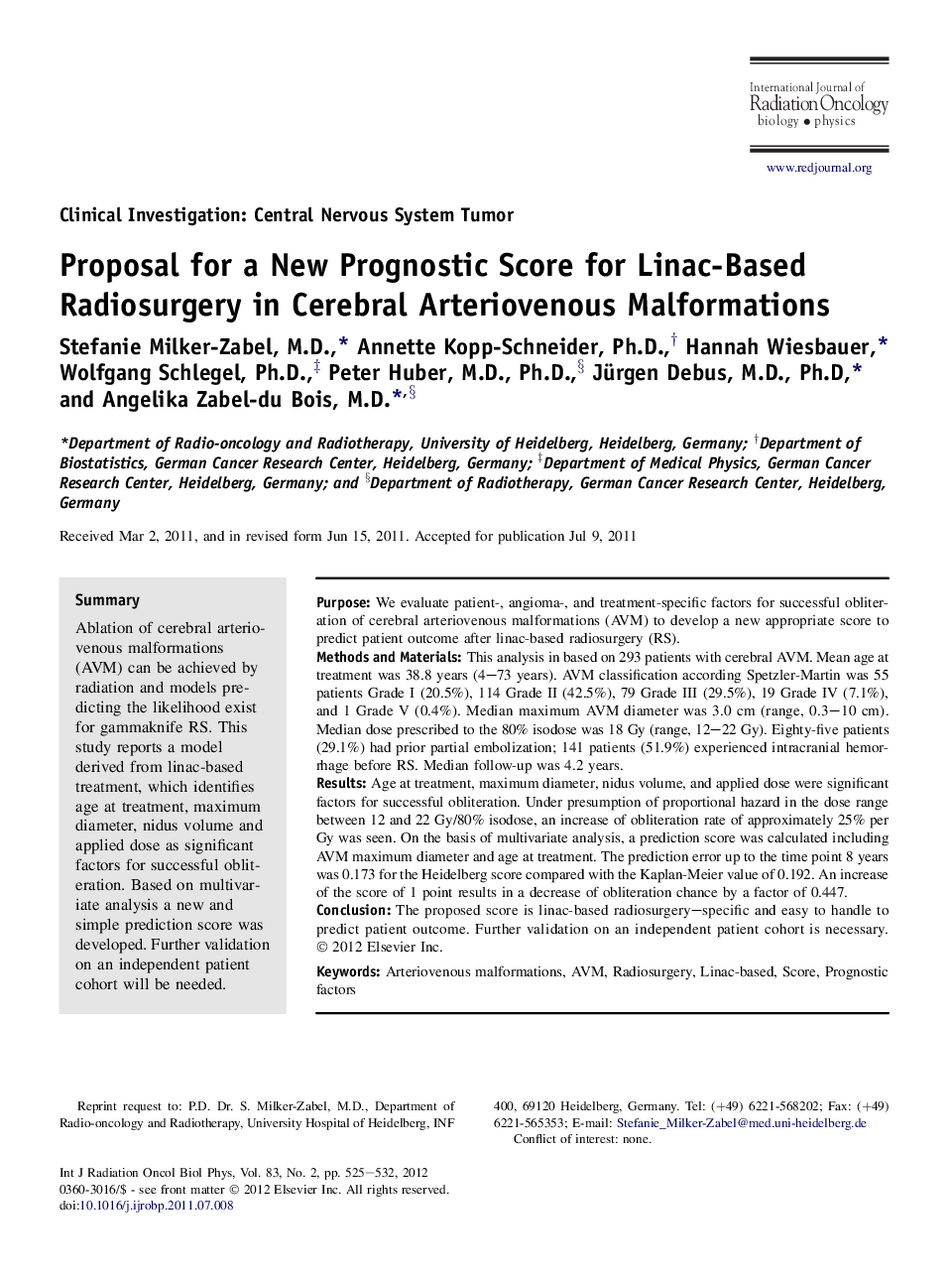 Proposal for a New Prognostic Score for Linac-Based Radiosurgery in Cerebral Arteriovenous Malformations