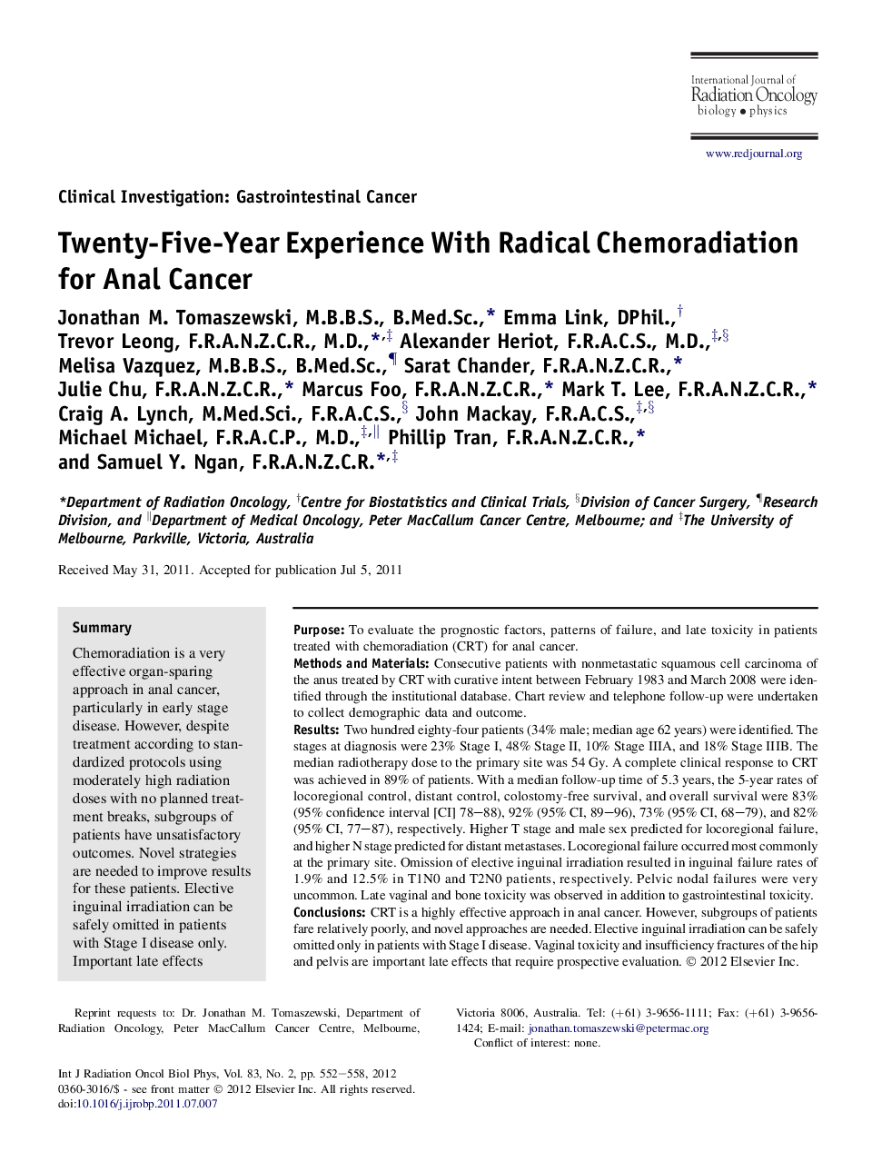Twenty-Five-Year Experience With Radical Chemoradiation for Anal Cancer