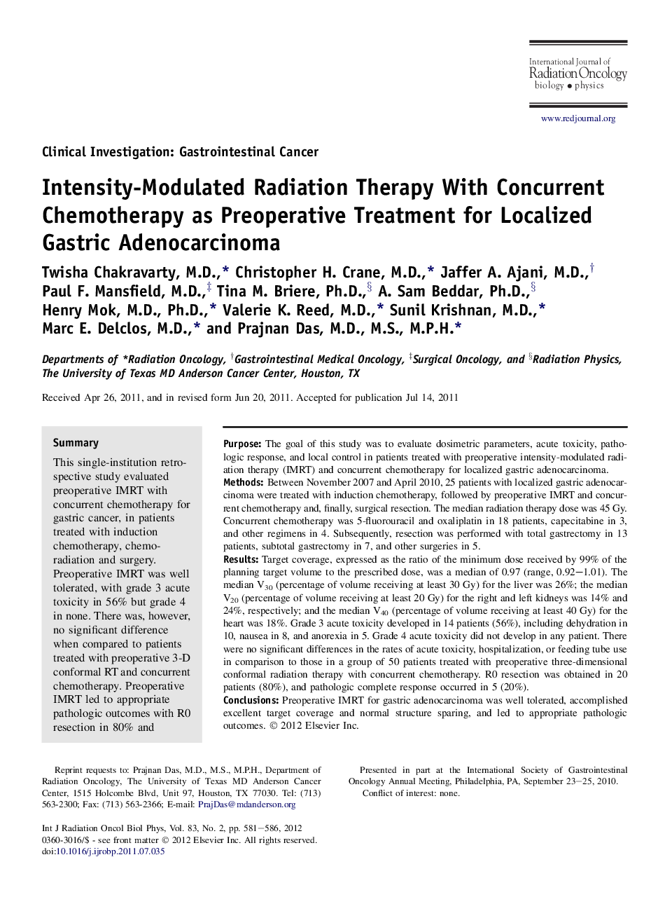 Intensity-Modulated Radiation Therapy With Concurrent Chemotherapy as Preoperative Treatment for Localized Gastric Adenocarcinoma