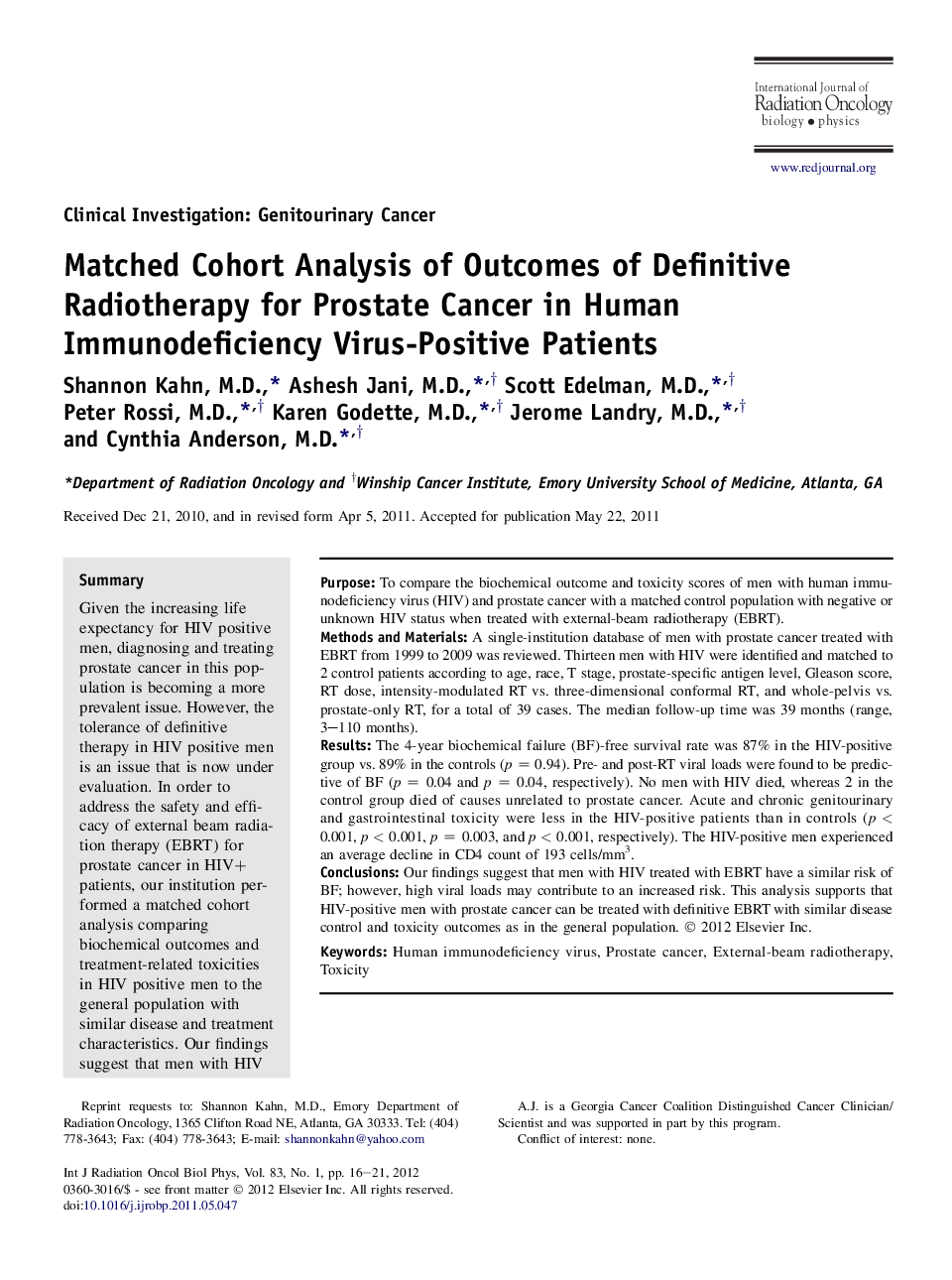 Matched Cohort Analysis of Outcomes of Definitive Radiotherapy for Prostate Cancer in Human Immunodeficiency Virus-Positive Patients