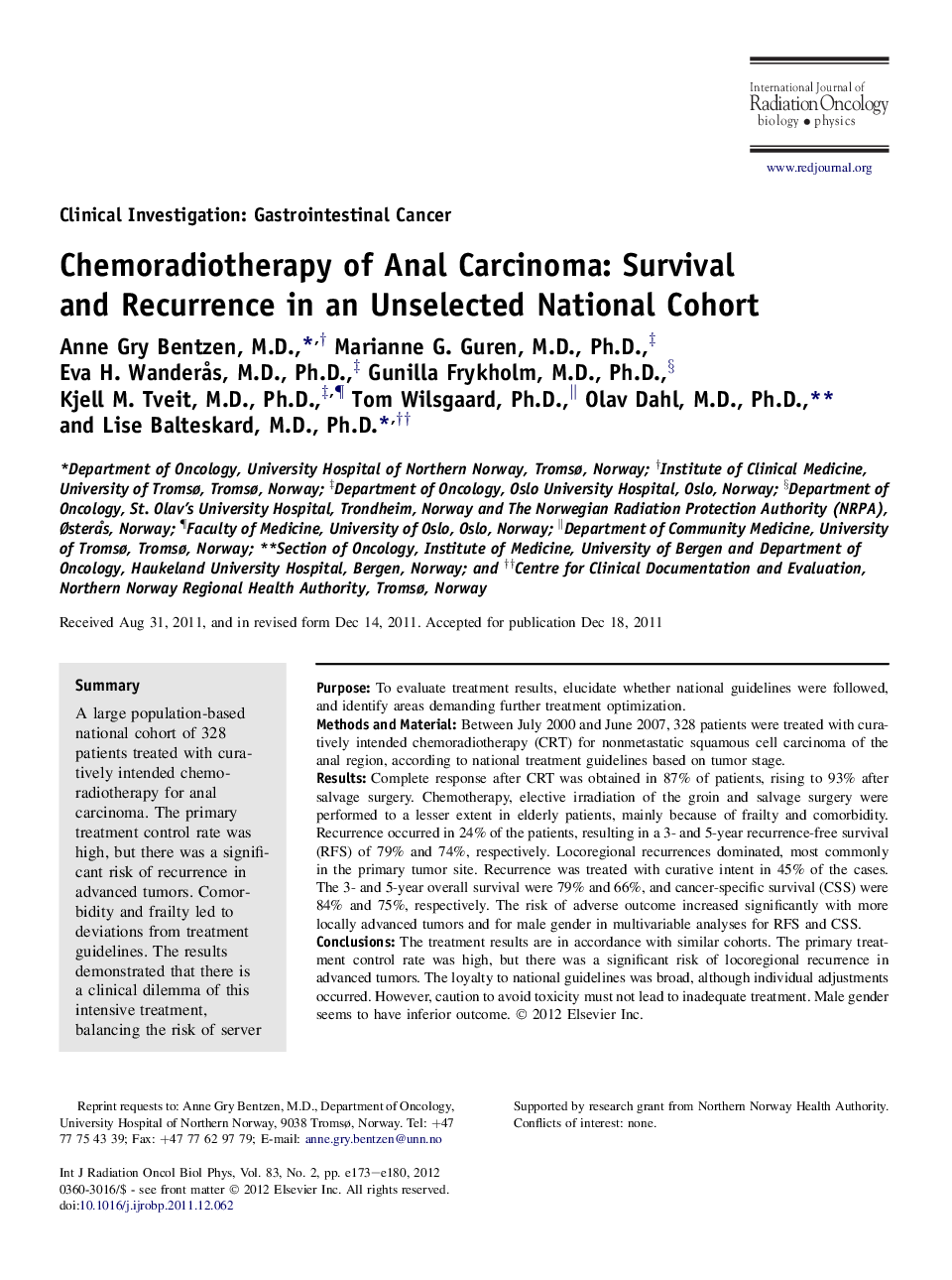 Chemoradiotherapy of Anal Carcinoma: Survival and Recurrence in an Unselected National Cohort