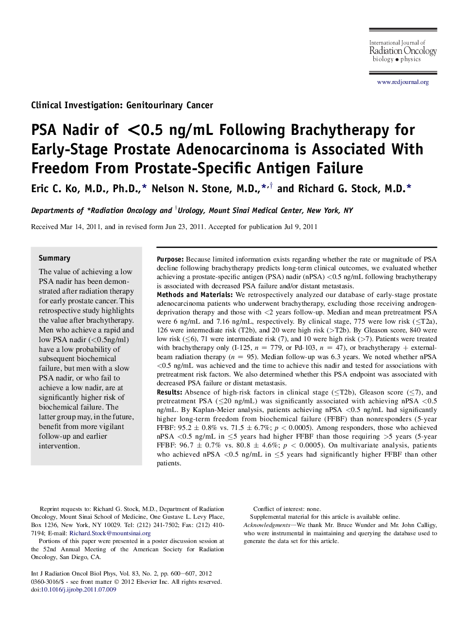 PSA Nadir of <0.5 ng/mL Following Brachytherapy for Early-Stage Prostate Adenocarcinoma is Associated With Freedom From Prostate-Specific Antigen Failure