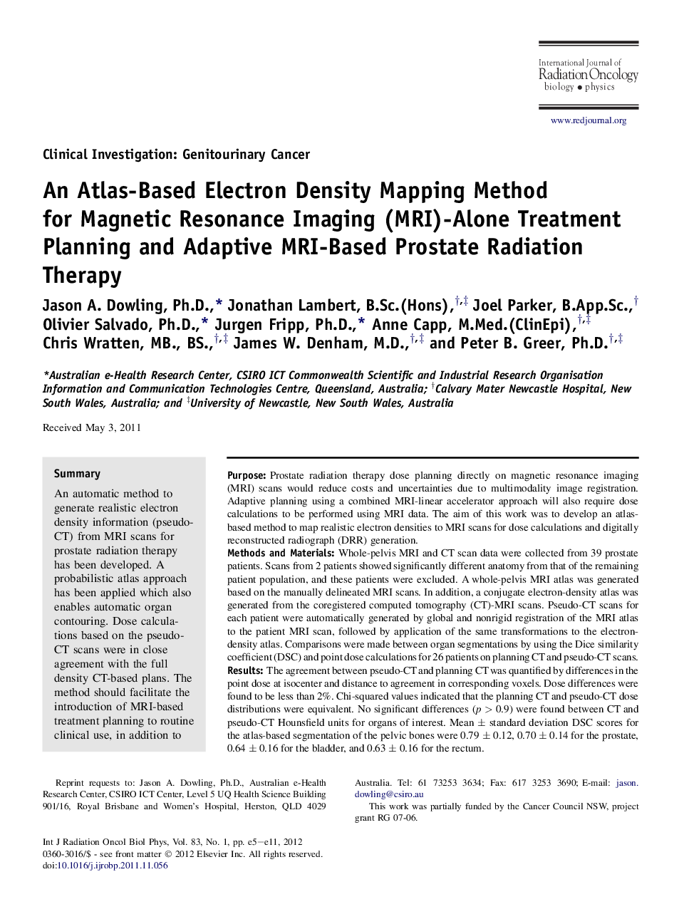 An Atlas-Based Electron Density Mapping Method for Magnetic Resonance Imaging (MRI)-Alone Treatment Planning and Adaptive MRI-Based Prostate Radiation Therapy