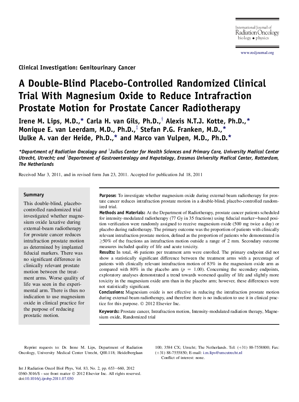 A Double-Blind Placebo-Controlled Randomized Clinical Trial With Magnesium Oxide to Reduce Intrafraction Prostate Motion for Prostate Cancer Radiotherapy