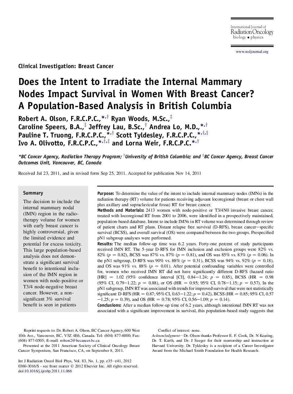 Does the Intent to Irradiate the Internal Mammary NodesÂ Impact Survival in Women With Breast Cancer? AÂ Population-Based Analysis in British Columbia