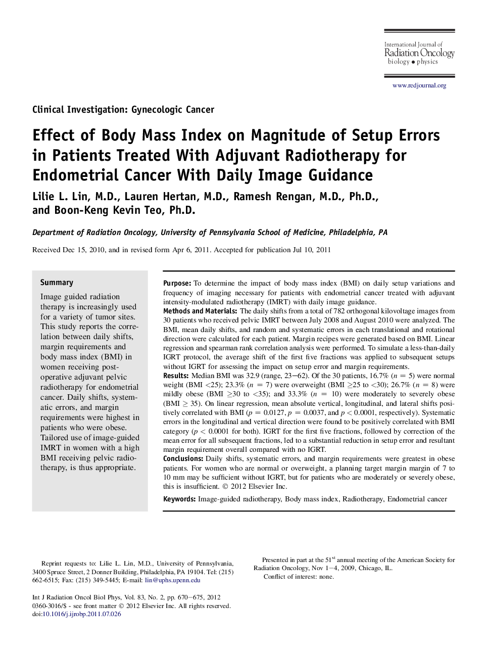 Effect of Body Mass Index on Magnitude of Setup Errors in Patients Treated With Adjuvant Radiotherapy for Endometrial Cancer With Daily Image Guidance