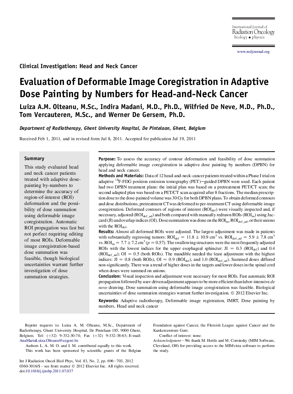 Evaluation of Deformable Image Coregistration in Adaptive Dose Painting by Numbers for Head-and-Neck Cancer