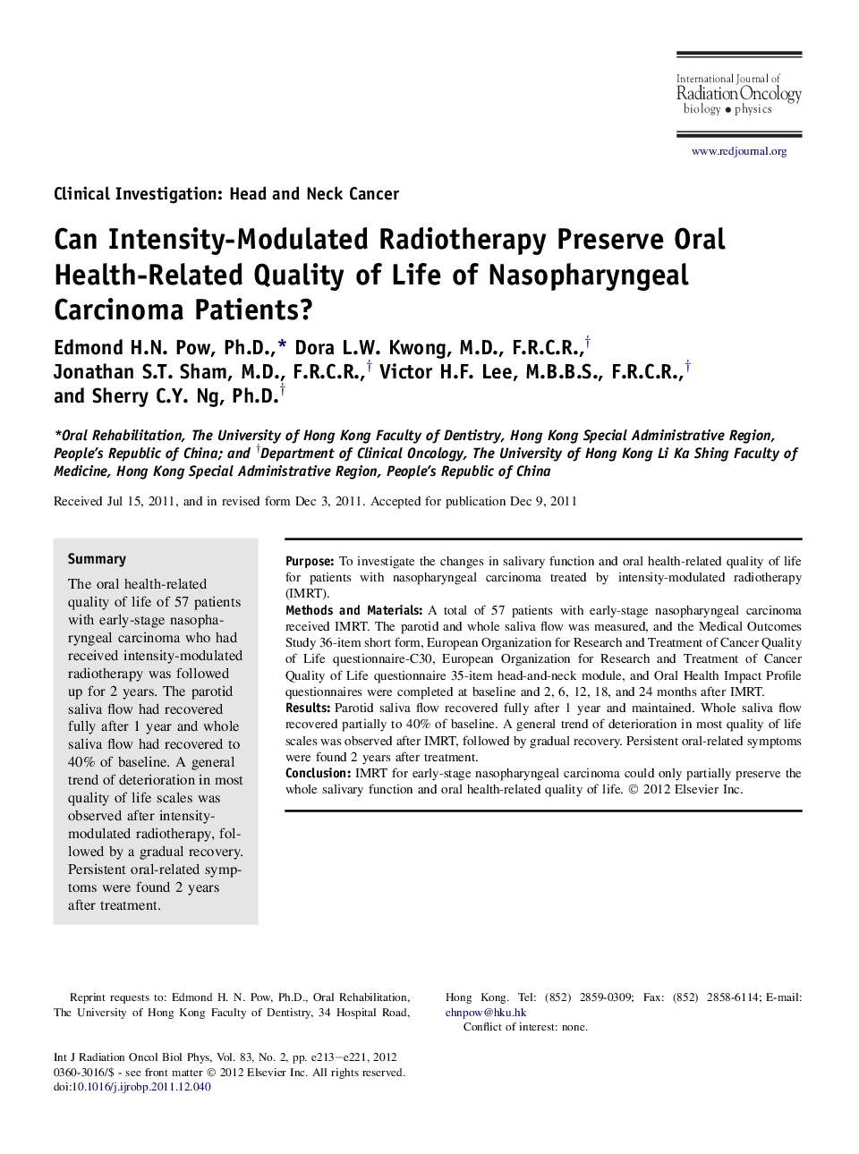 Can Intensity-Modulated Radiotherapy Preserve Oral Health-Related Quality of Life of Nasopharyngeal Carcinoma Patients?