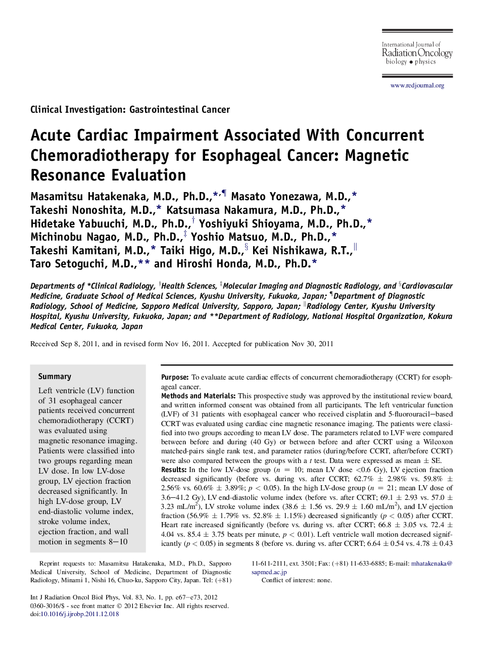 Acute Cardiac Impairment Associated With Concurrent Chemoradiotherapy for Esophageal Cancer: Magnetic Resonance Evaluation