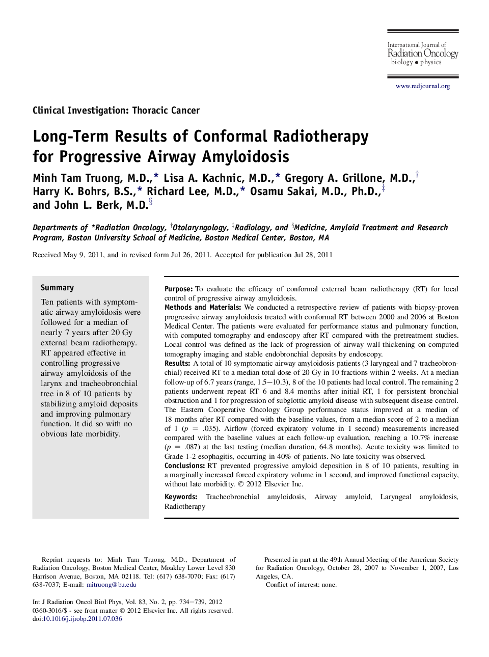 Long-Term Results of Conformal Radiotherapy for Progressive Airway Amyloidosis