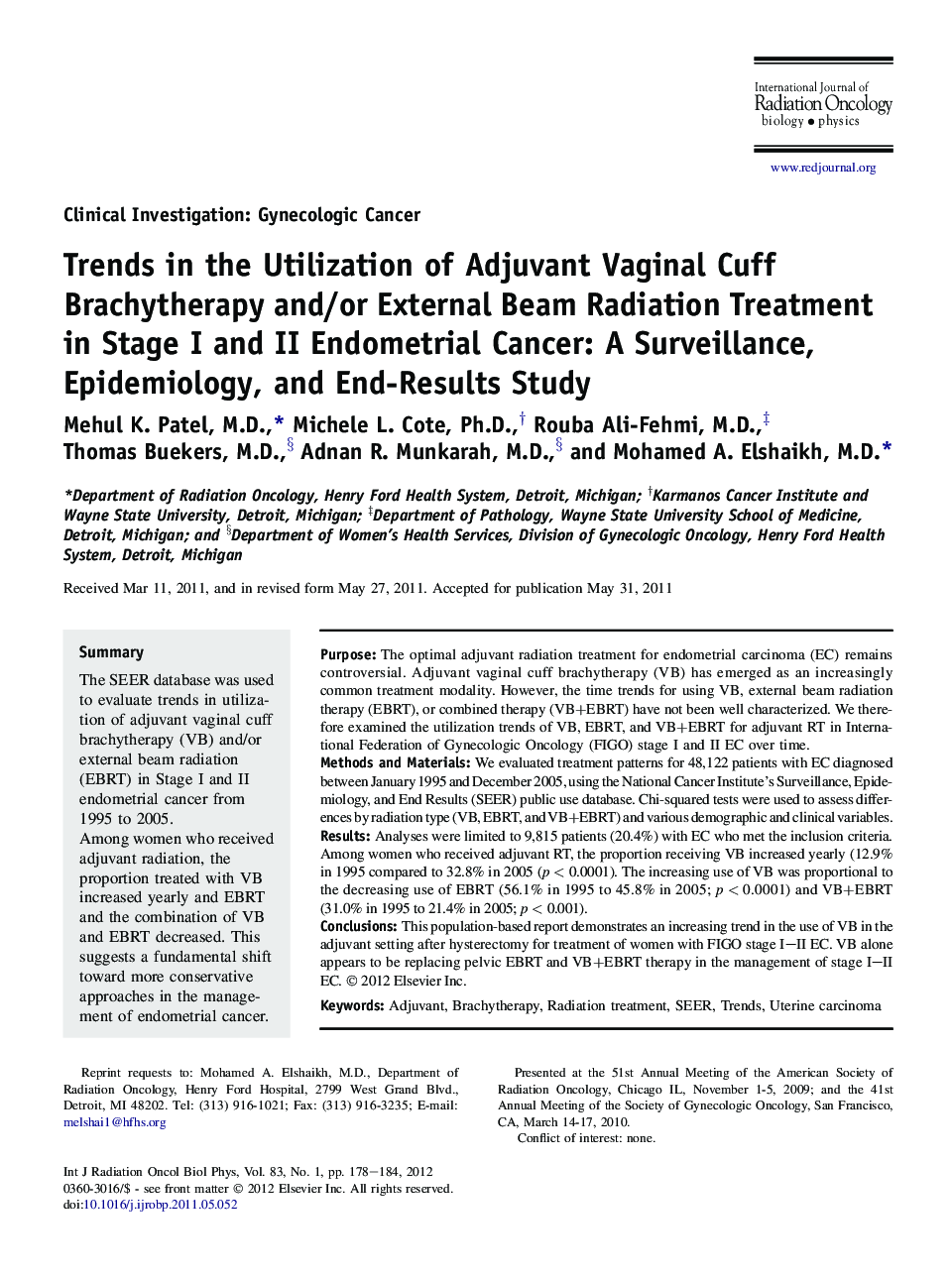 Trends in the Utilization of Adjuvant Vaginal Cuff Brachytherapy and/or External Beam Radiation Treatment in Stage I and II Endometrial Cancer: A Surveillance, Epidemiology, and End-Results Study