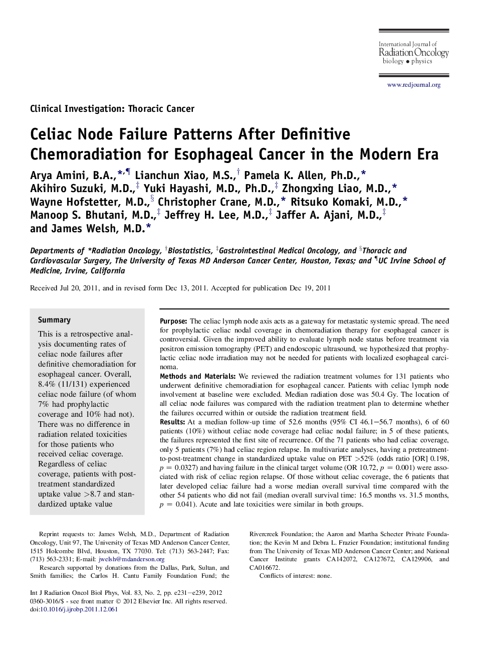 Celiac Node Failure Patterns After Definitive Chemoradiation for Esophageal Cancer in the Modern Era