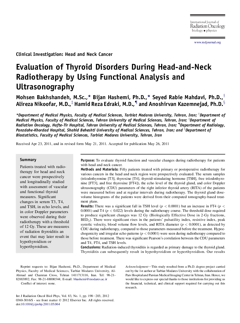 Evaluation of Thyroid Disorders During Head-and-Neck Radiotherapy by Using Functional Analysis and Ultrasonography