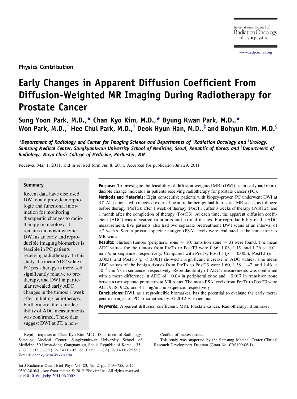 Early Changes in Apparent Diffusion Coefficient From Diffusion-Weighted MR Imaging During Radiotherapy for Prostate Cancer