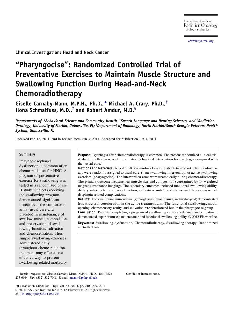 “Pharyngocise”: Randomized Controlled Trial of Preventative Exercises to Maintain Muscle Structure and Swallowing Function During Head-and-Neck Chemoradiotherapy