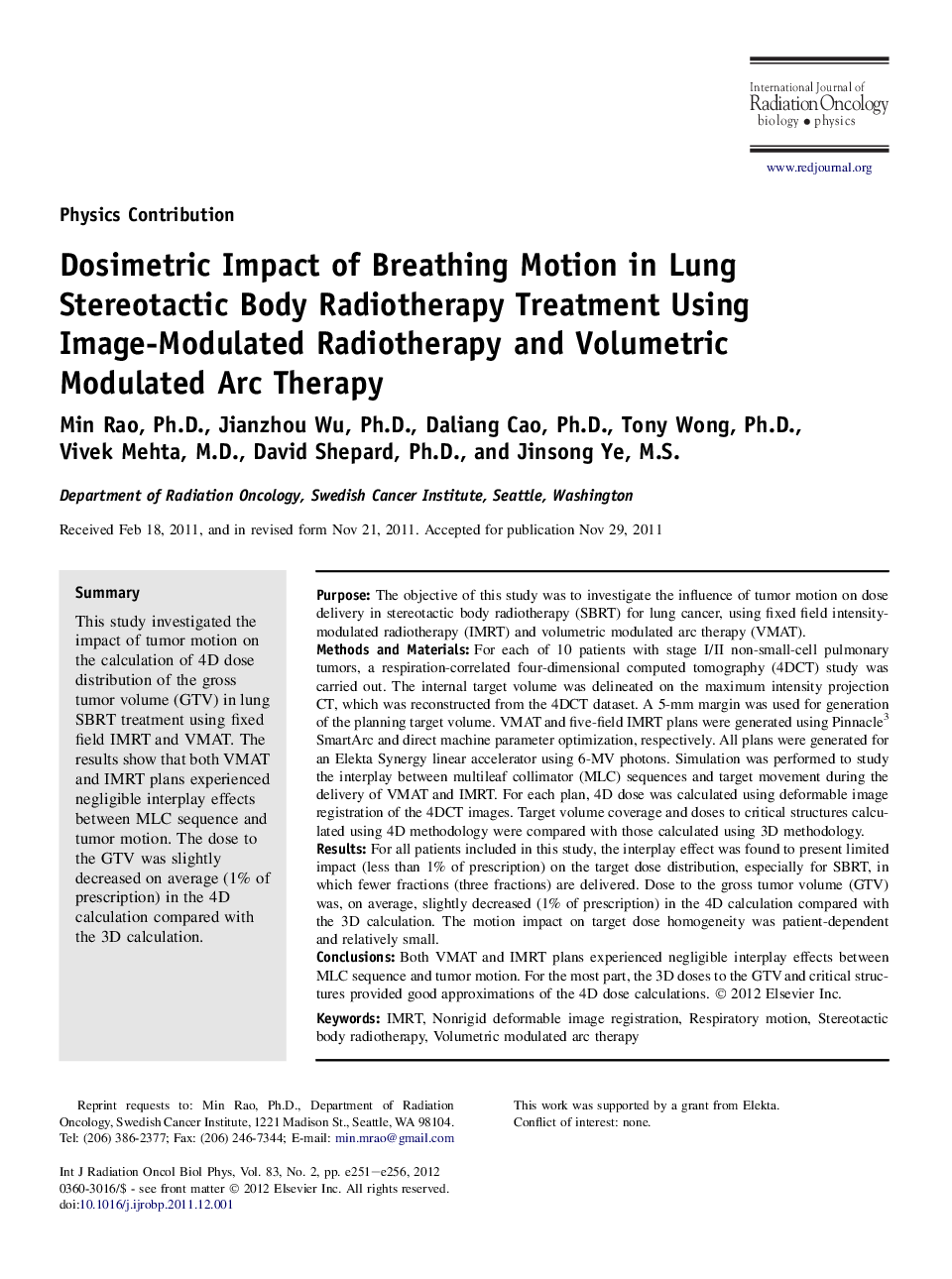 Dosimetric Impact of Breathing Motion in Lung Stereotactic Body Radiotherapy Treatment Using Image-Modulated Radiotherapy and Volumetric Modulated Arc Therapy