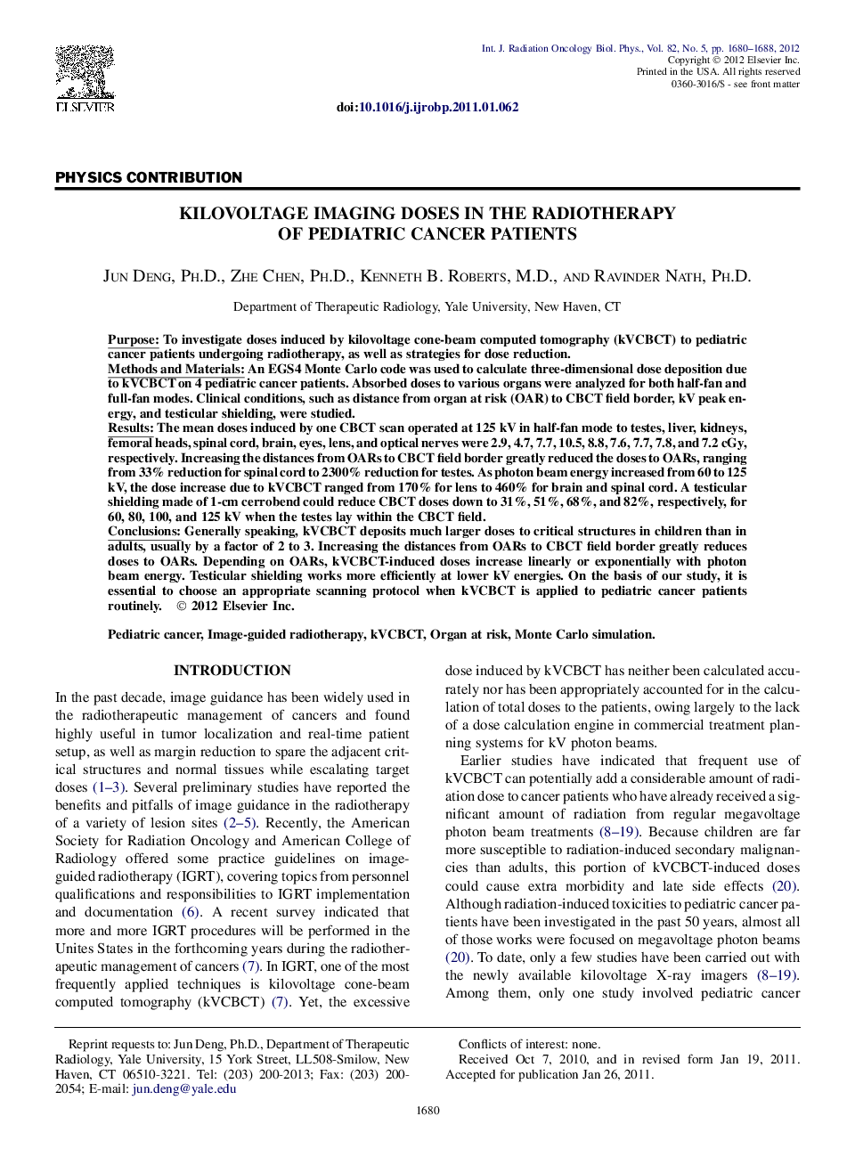 Kilovoltage Imaging Doses in the Radiotherapy of Pediatric Cancer Patients