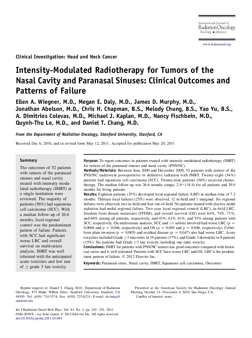 Intensity-Modulated Radiotherapy for Tumors of the Nasal Cavity and Paranasal Sinuses: Clinical Outcomes and Patterns of Failure