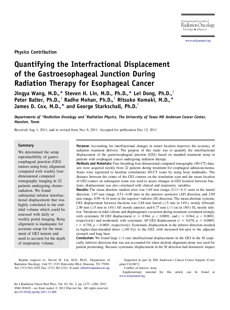 Quantifying the Interfractional Displacement of the Gastroesophageal Junction During Radiation Therapy for Esophageal Cancer