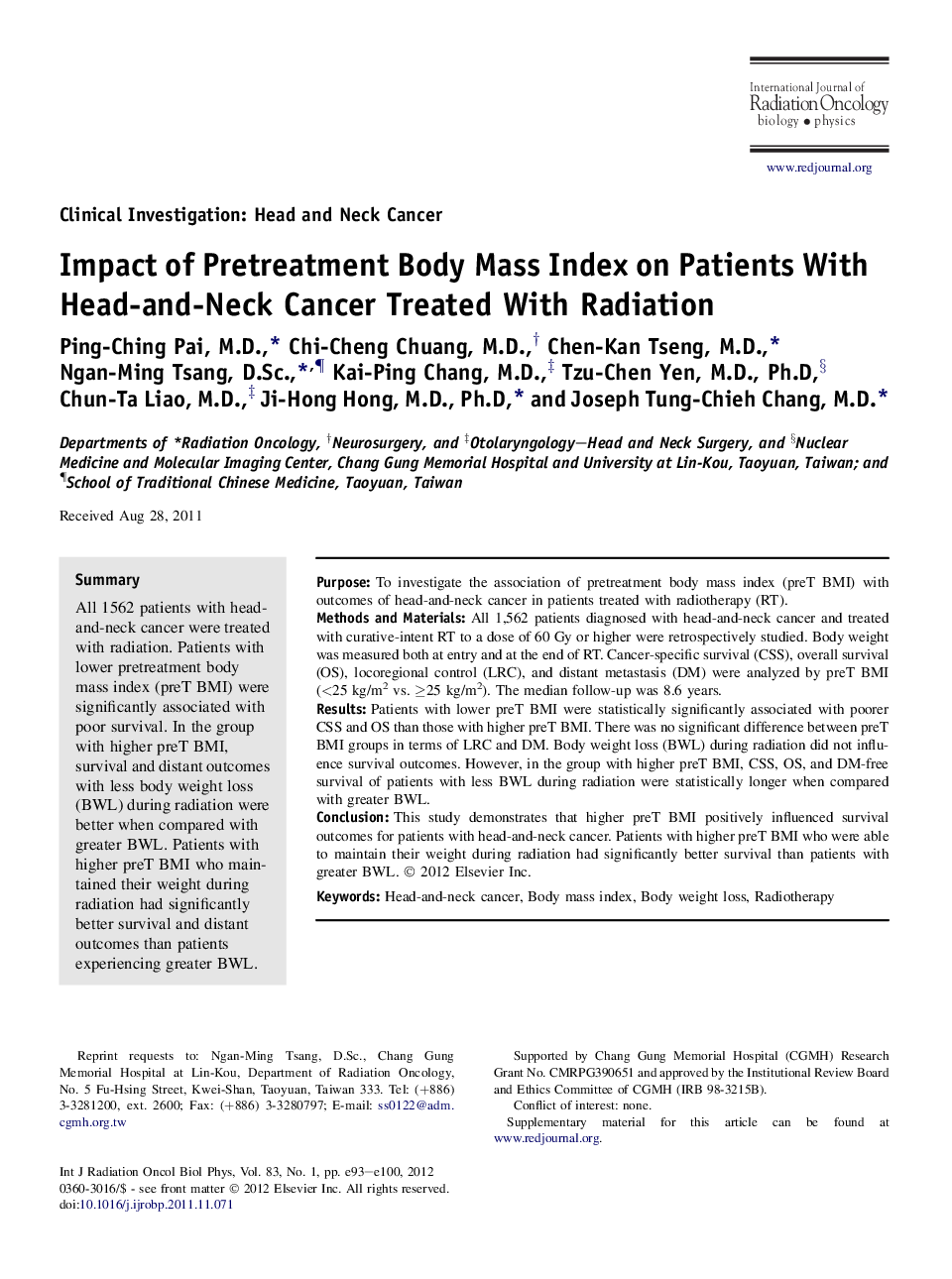 Impact of Pretreatment Body Mass Index on Patients With Head-and-Neck Cancer Treated With Radiation