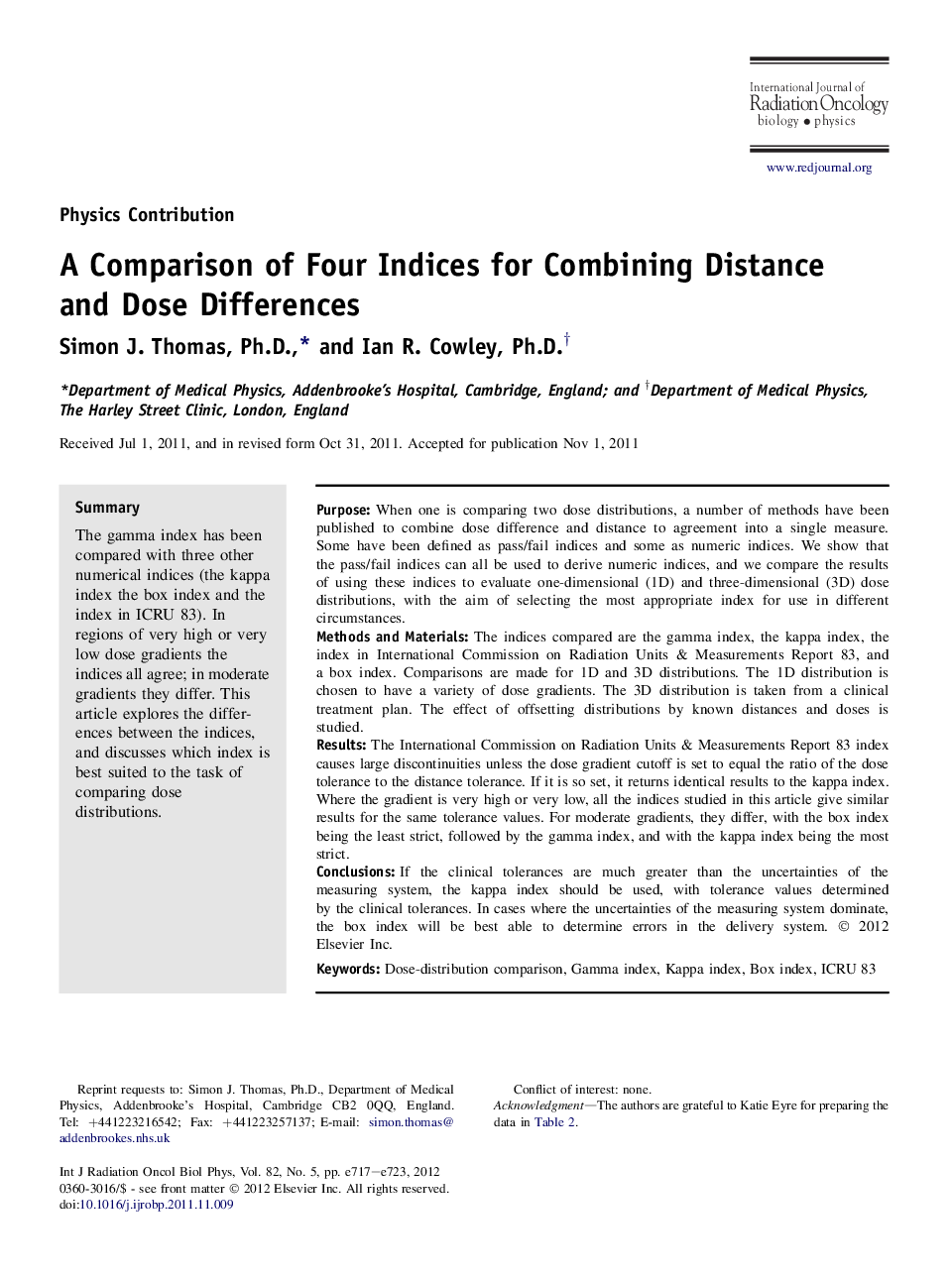 A Comparison of Four Indices for Combining Distance and Dose Differences