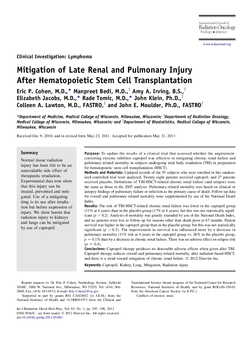 Mitigation of Late Renal and Pulmonary Injury After Hematopoietic Stem Cell Transplantation