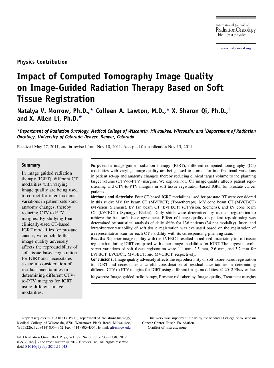 Impact of Computed Tomography Image Quality on Image-Guided Radiation Therapy Based on Soft Tissue Registration