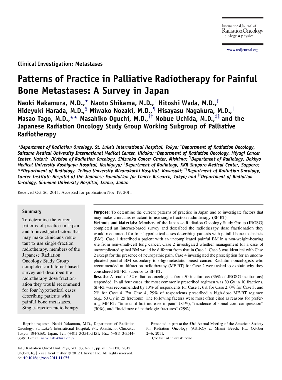 Patterns of Practice in Palliative Radiotherapy for Painful Bone Metastases: A Survey in Japan