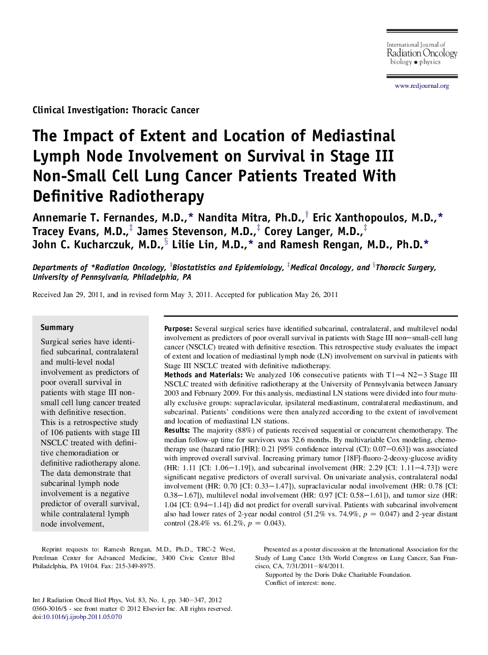 The Impact of Extent and Location of Mediastinal Lymph Node Involvement on Survival in Stage III Non-Small Cell Lung Cancer Patients Treated With Definitive Radiotherapy
