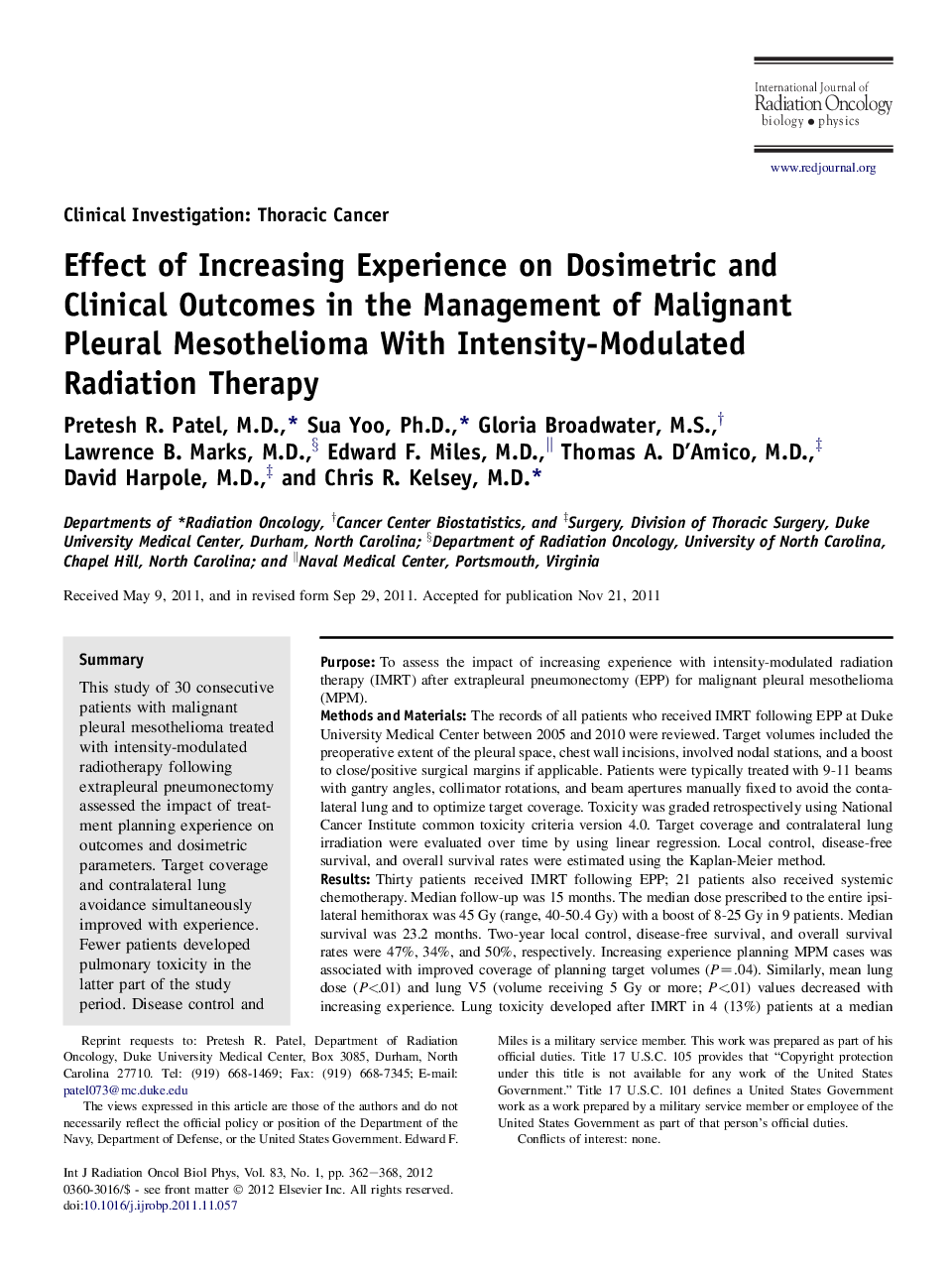 Effect of Increasing Experience on Dosimetric and Clinical Outcomes in the Management of Malignant Pleural Mesothelioma With Intensity-Modulated Radiation Therapy