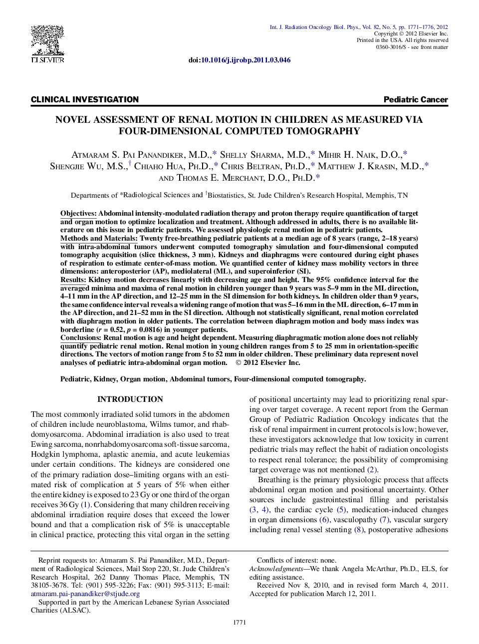 Novel Assessment of Renal Motion in Children as Measured via Four-Dimensional Computed Tomography