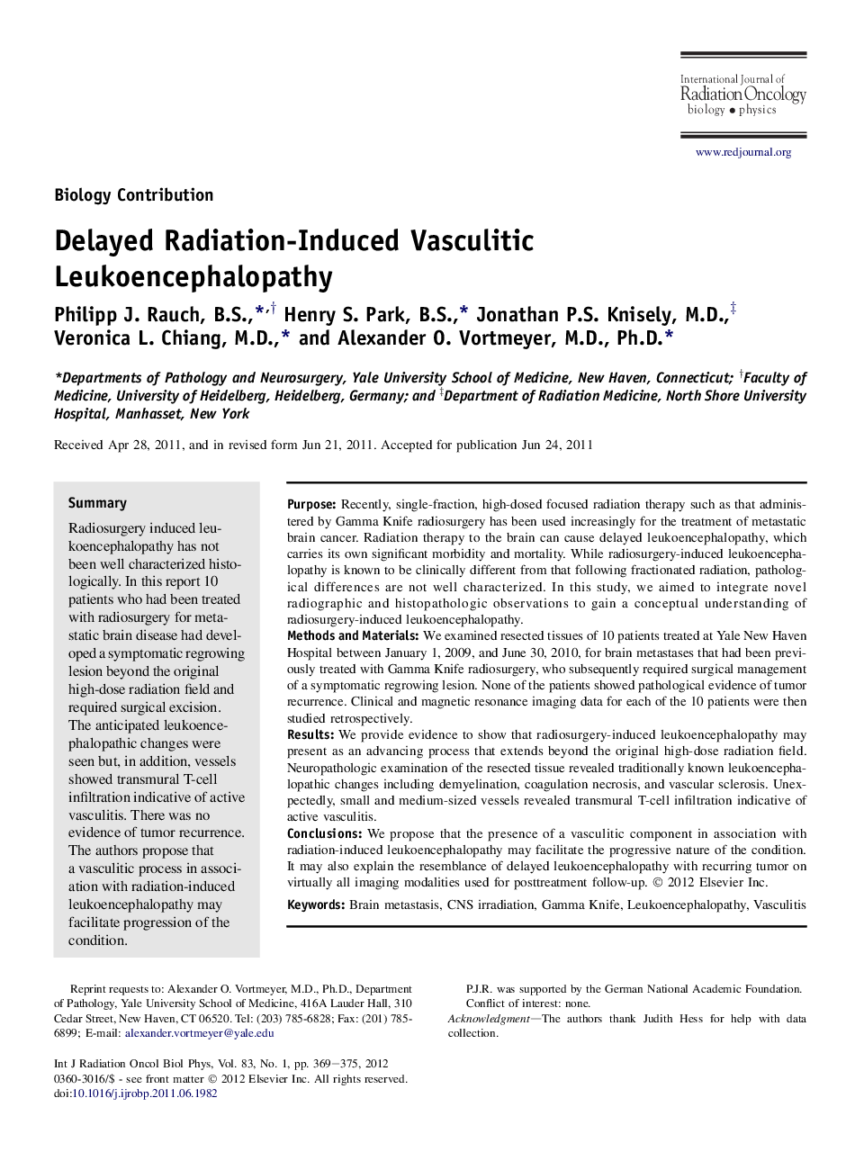 Delayed Radiation-Induced Vasculitic Leukoencephalopathy