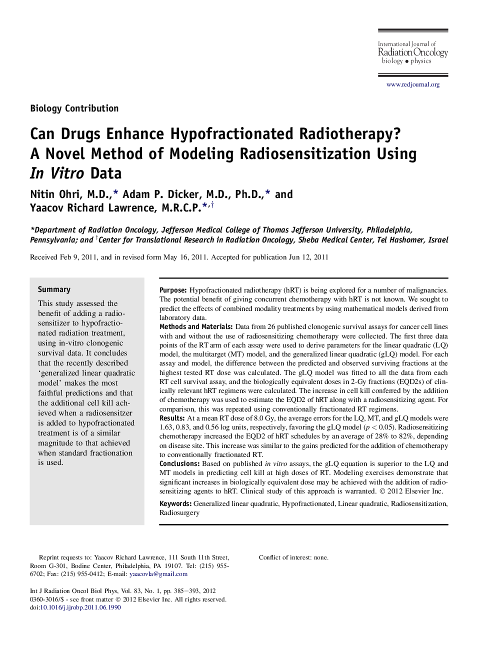 Can Drugs Enhance Hypofractionated Radiotherapy? AÂ Novel Method of Modeling Radiosensitization Using InÂ Vitro Data