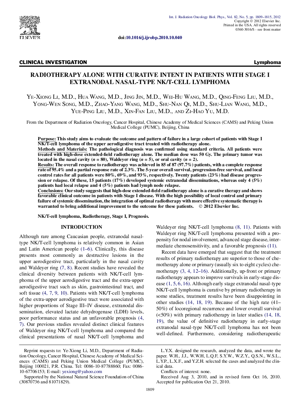 Radiotherapy Alone With Curative Intent in Patients With Stage I Extranodal Nasal-Type NK/T-Cell Lymphoma