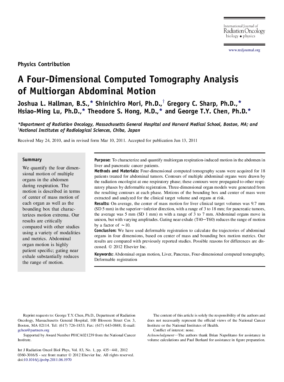 A Four-Dimensional Computed Tomography Analysis of Multiorgan Abdominal Motion