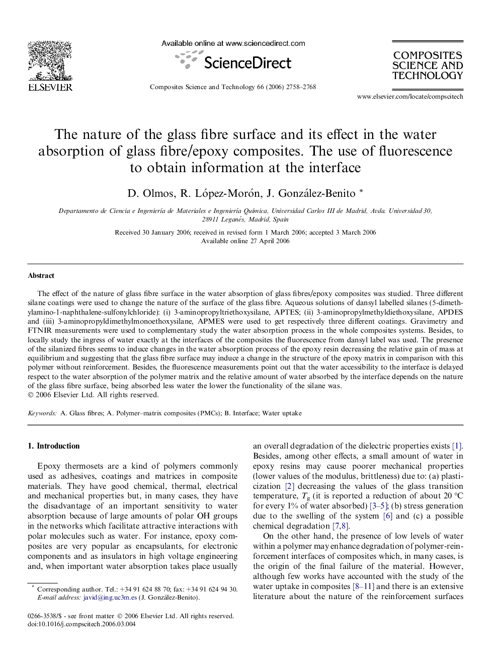 The nature of the glass fibre surface and its effect in the water absorption of glass fibre/epoxy composites. The use of fluorescence to obtain information at the interface