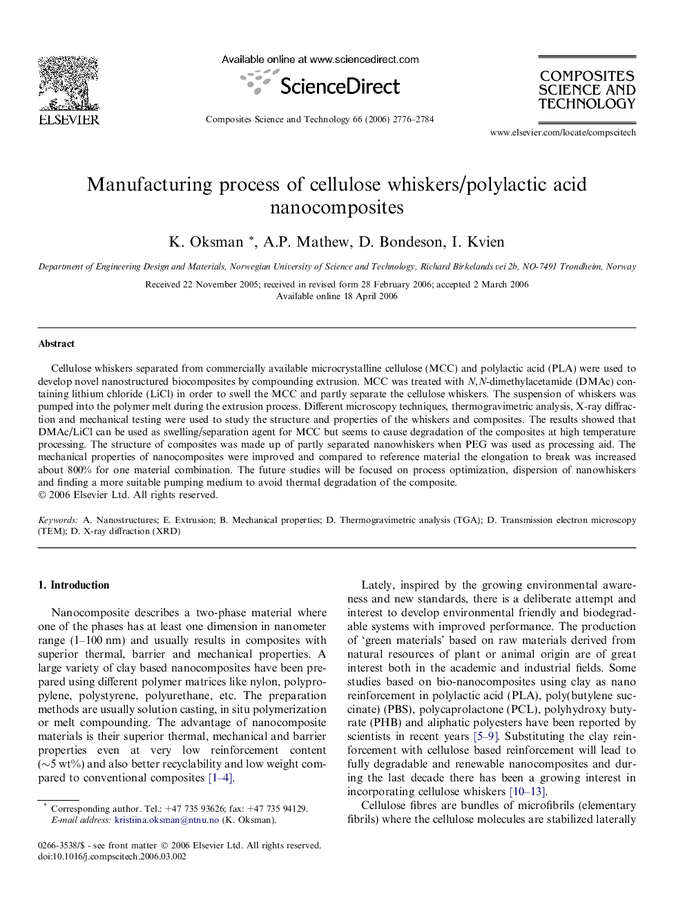 Manufacturing process of cellulose whiskers/polylactic acid nanocomposites