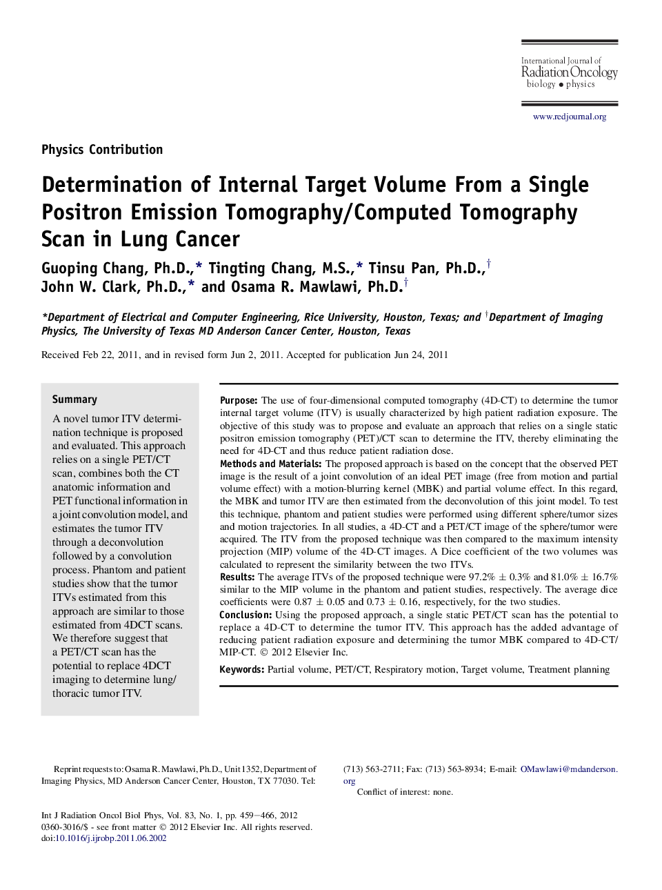 Determination of Internal Target Volume From a Single Positron Emission Tomography/Computed Tomography Scan in Lung Cancer