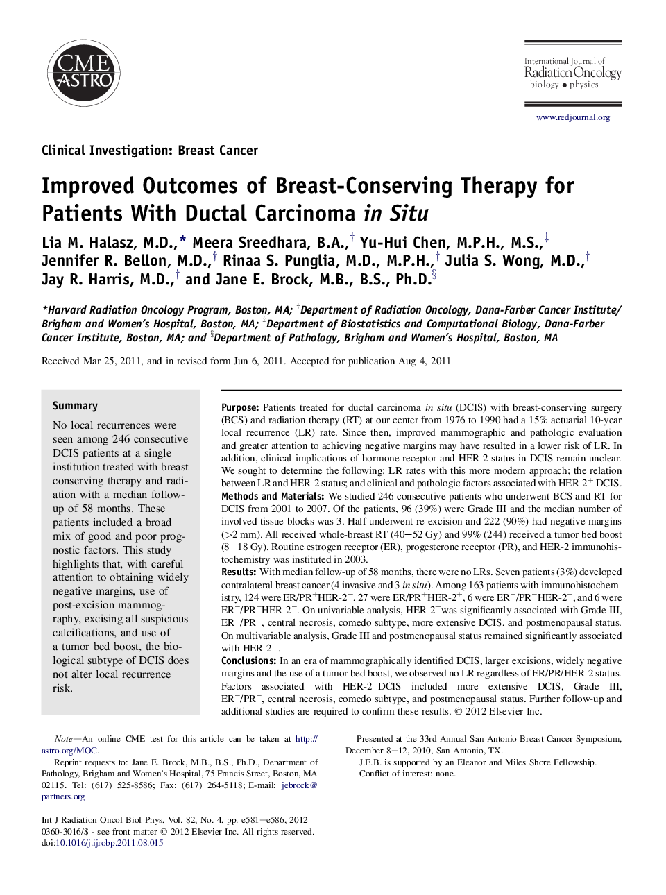 Improved Outcomes of Breast-Conserving Therapy for Patients With Ductal Carcinoma in Situ