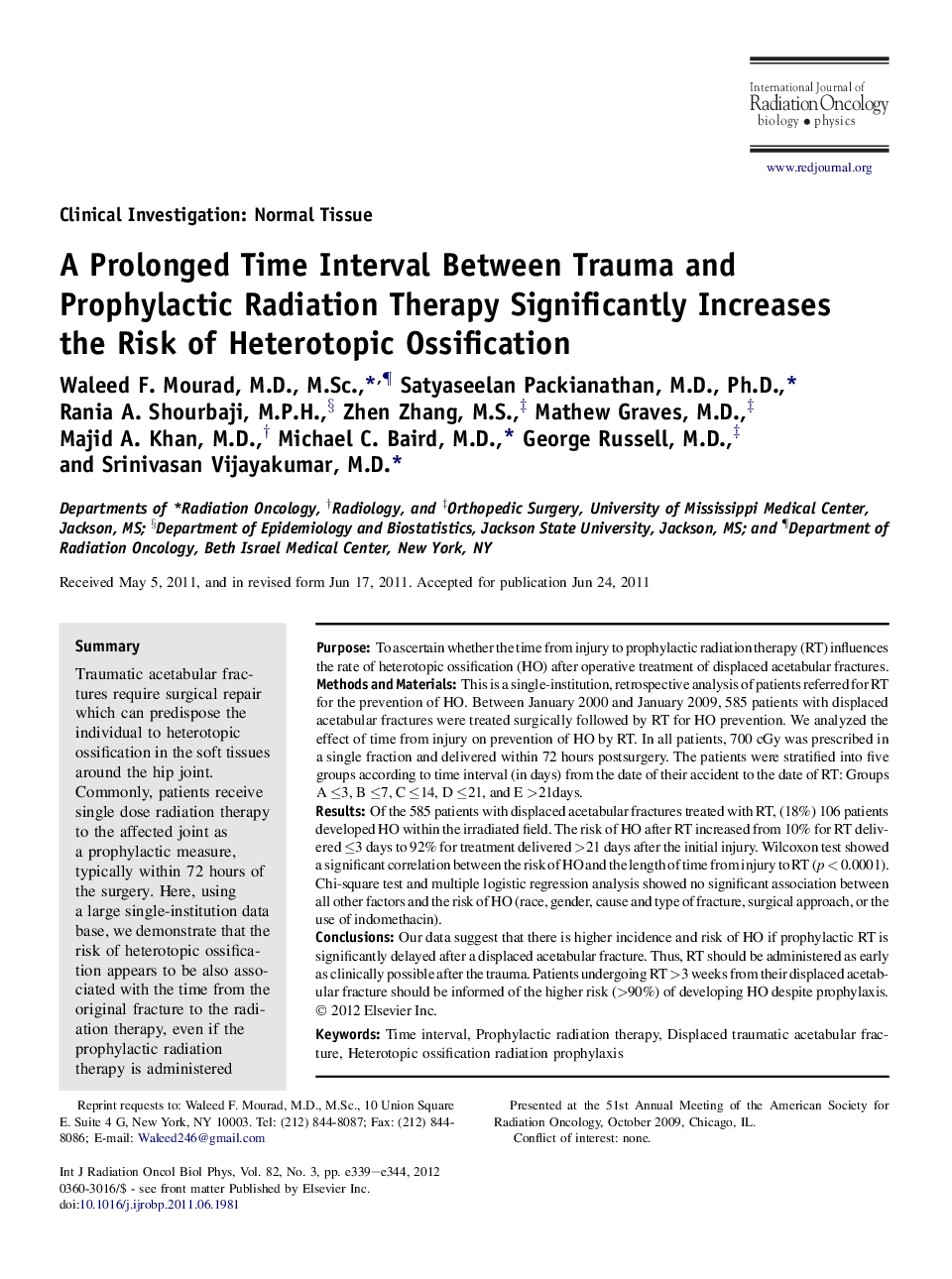 A Prolonged Time Interval Between Trauma and Prophylactic Radiation Therapy Significantly Increases the Risk of Heterotopic Ossification