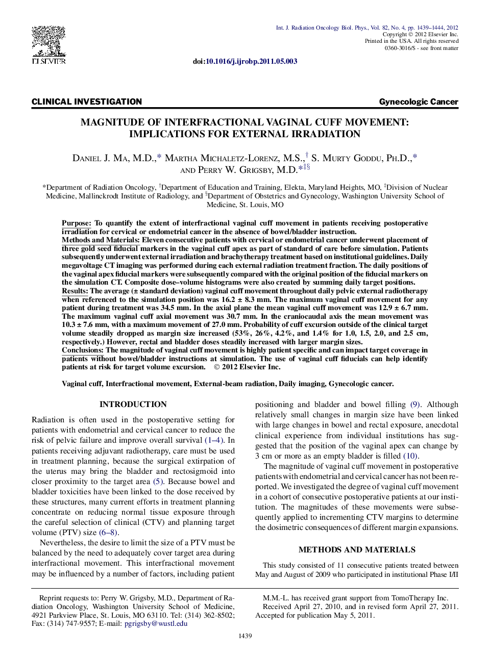 Magnitude of Interfractional Vaginal Cuff Movement: Implications for External Irradiation