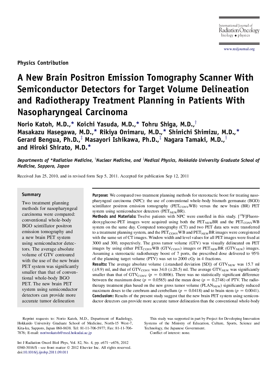 A New Brain Positron Emission Tomography Scanner With Semiconductor Detectors for Target Volume Delineation and Radiotherapy Treatment Planning in Patients With Nasopharyngeal Carcinoma