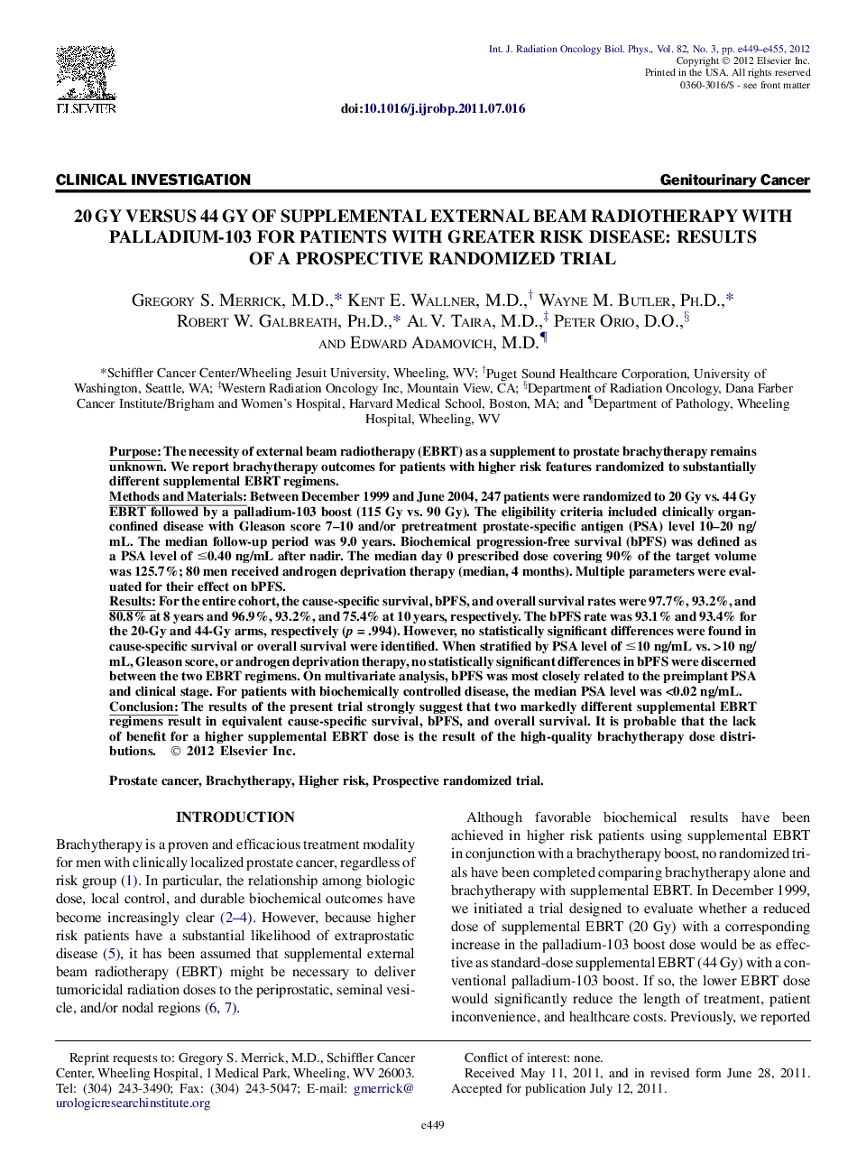 20 Gy Versus 44 Gy of Supplemental External Beam Radiotherapy With Palladium-103 for Patients With Greater Risk Disease: Results of a Prospective Randomized Trial