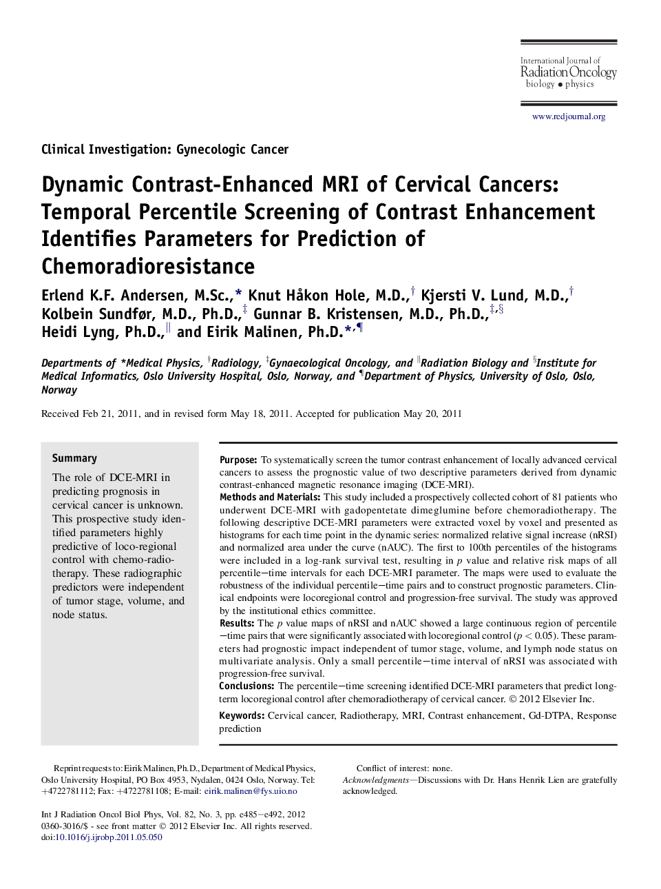 Dynamic Contrast-Enhanced MRI of Cervical Cancers: Temporal Percentile Screening of Contrast Enhancement Identifies Parameters for Prediction of Chemoradioresistance